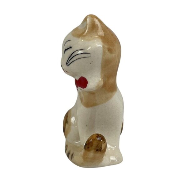 Vintage Small Porcelain Cat Japanese Red Bow Mid Century 3" - Picture 2 of 10